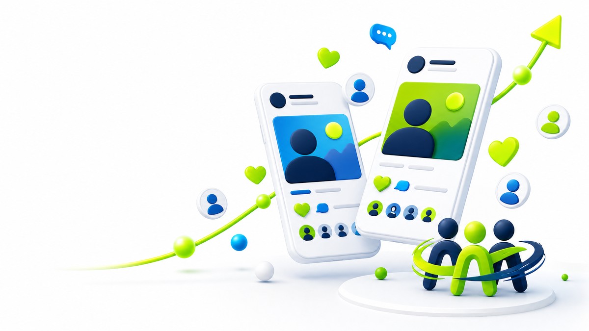Mobile social media engagement illustration with likes followers and profile growth