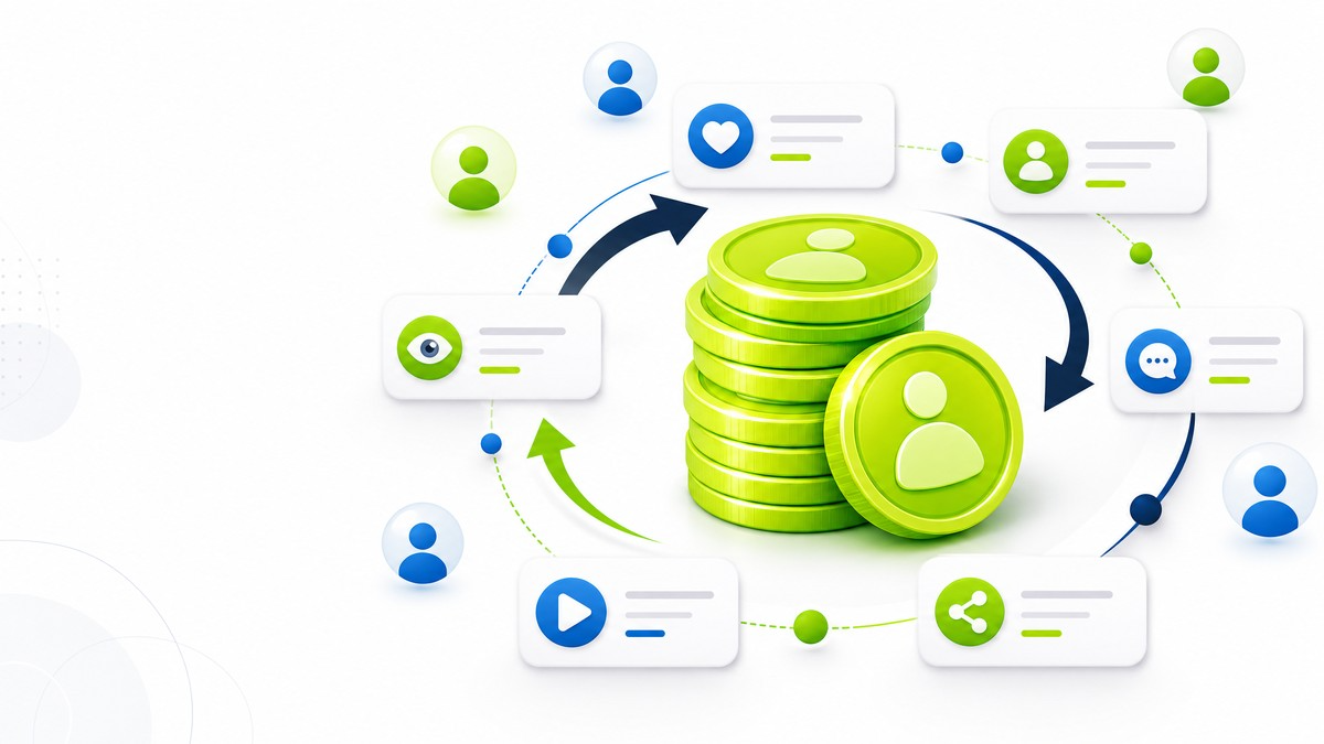 Reward coin cycle showing points and credits for social media exchange tasks
